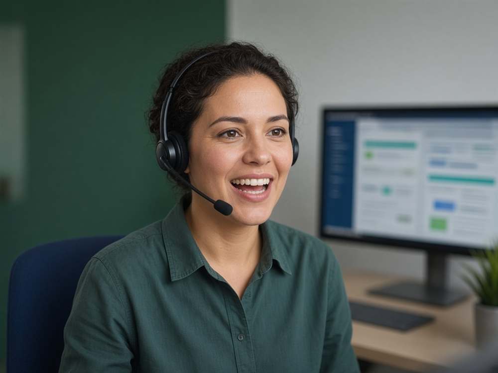 Atendente com fone de ouvido em frente ao computador atendendo cliente