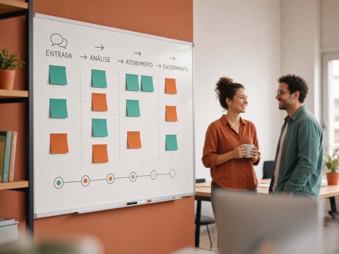 Equipe organizando um painel de atendimento ao cliente em um quadro